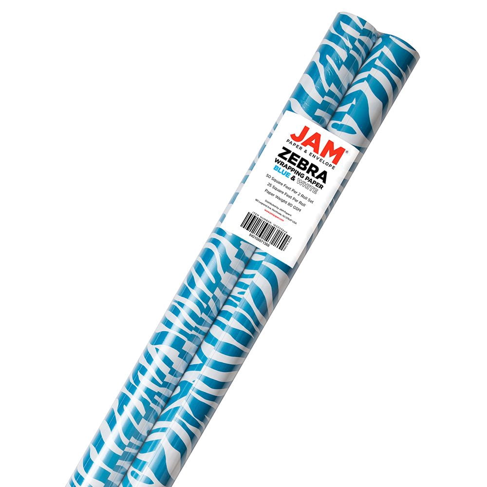 JAM Paper Blue & White Zebra Wrapping Paper, 50 Sq ft.Total, 2 per Pack