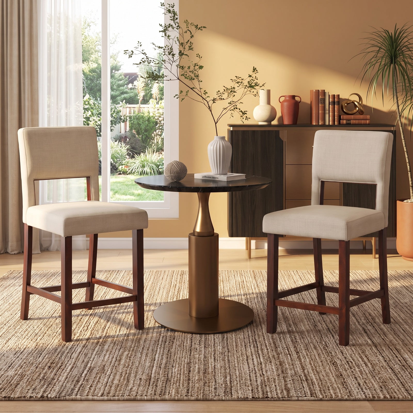 Furnibear Set of 2 Bar Chairs with Hollowed Back and Rubber Wood Legs in Beige