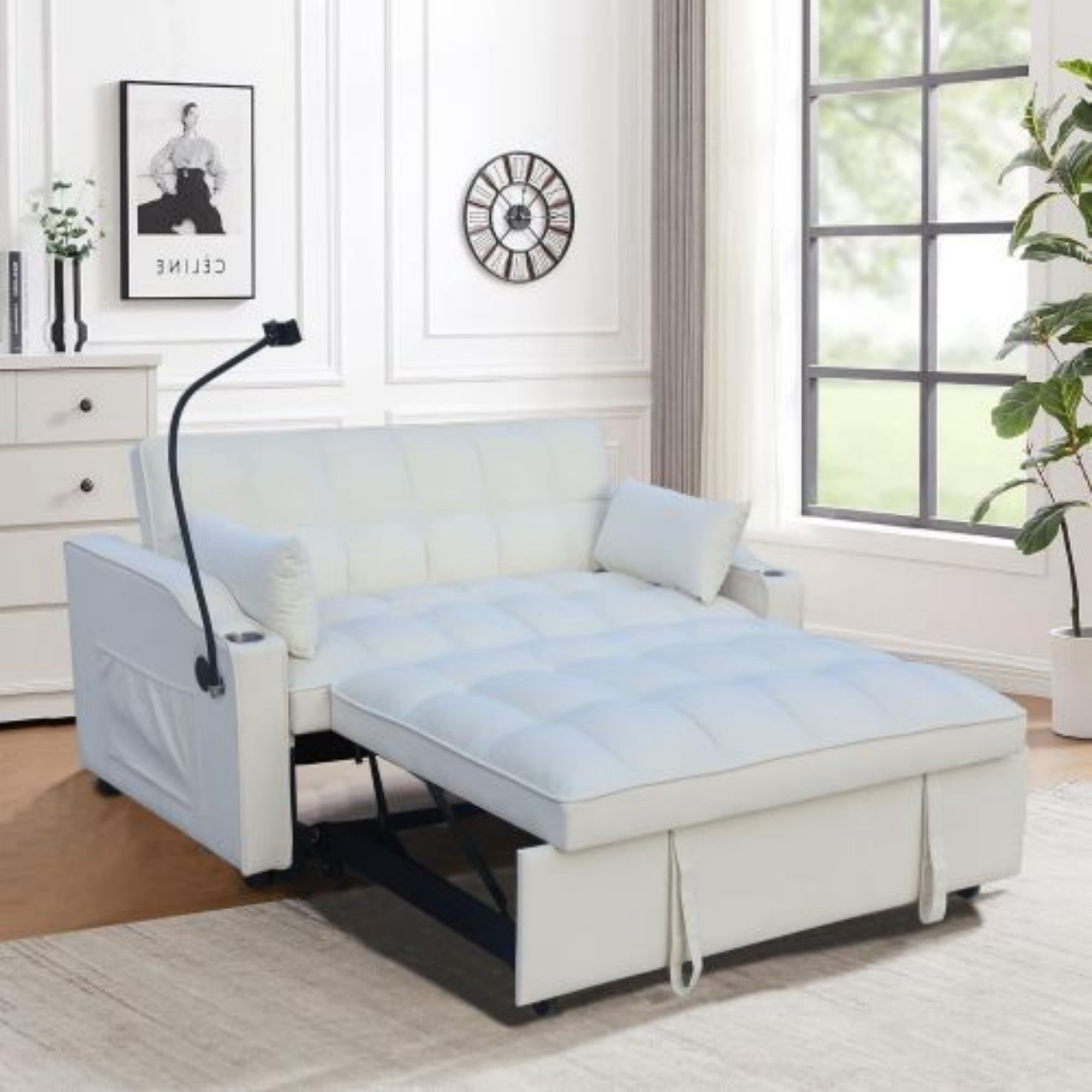 Velvet Loveseat Sofa Bed, 3-in-1 Convertible Sleeper Couch with USB Ports, Phone Holder & Pullout Bed, Beige