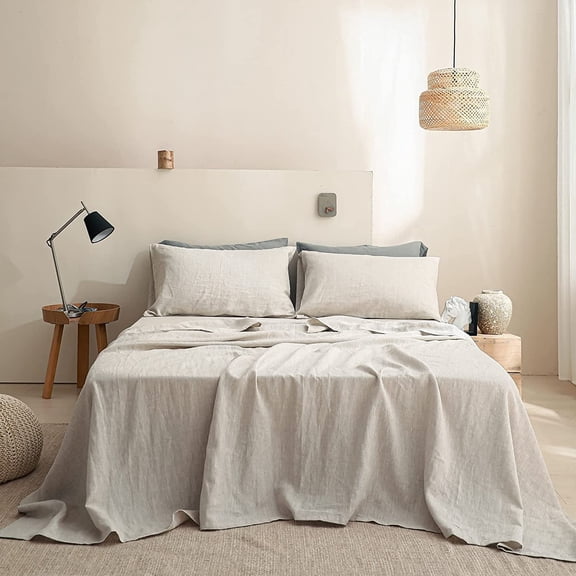 Simple&Opulence 100% Linen Sheet Set Solid Color-4 Pcs Washed French Bed Sheets(1 Flat Sheet,1 Fitted Sheet,2 Pillowcases)-Breathable Bedding Set (Linen, King)