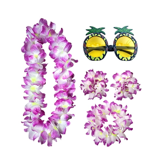 5Pcs Tropical Floral Leis Set for Festival Parties, Colorful Flower Necklace Dress Up Props for Beach Events, Luau Decorations, Soft Fabric Garlands Purple