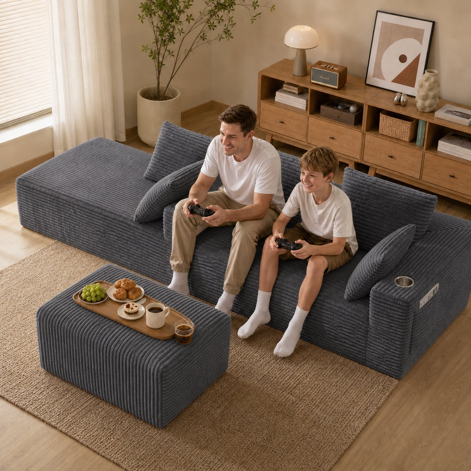 95'' 4 Seater Boneless L Shape Modular Sofa Couch with 4 Pillows, 2 Cup Holders and Ottoman