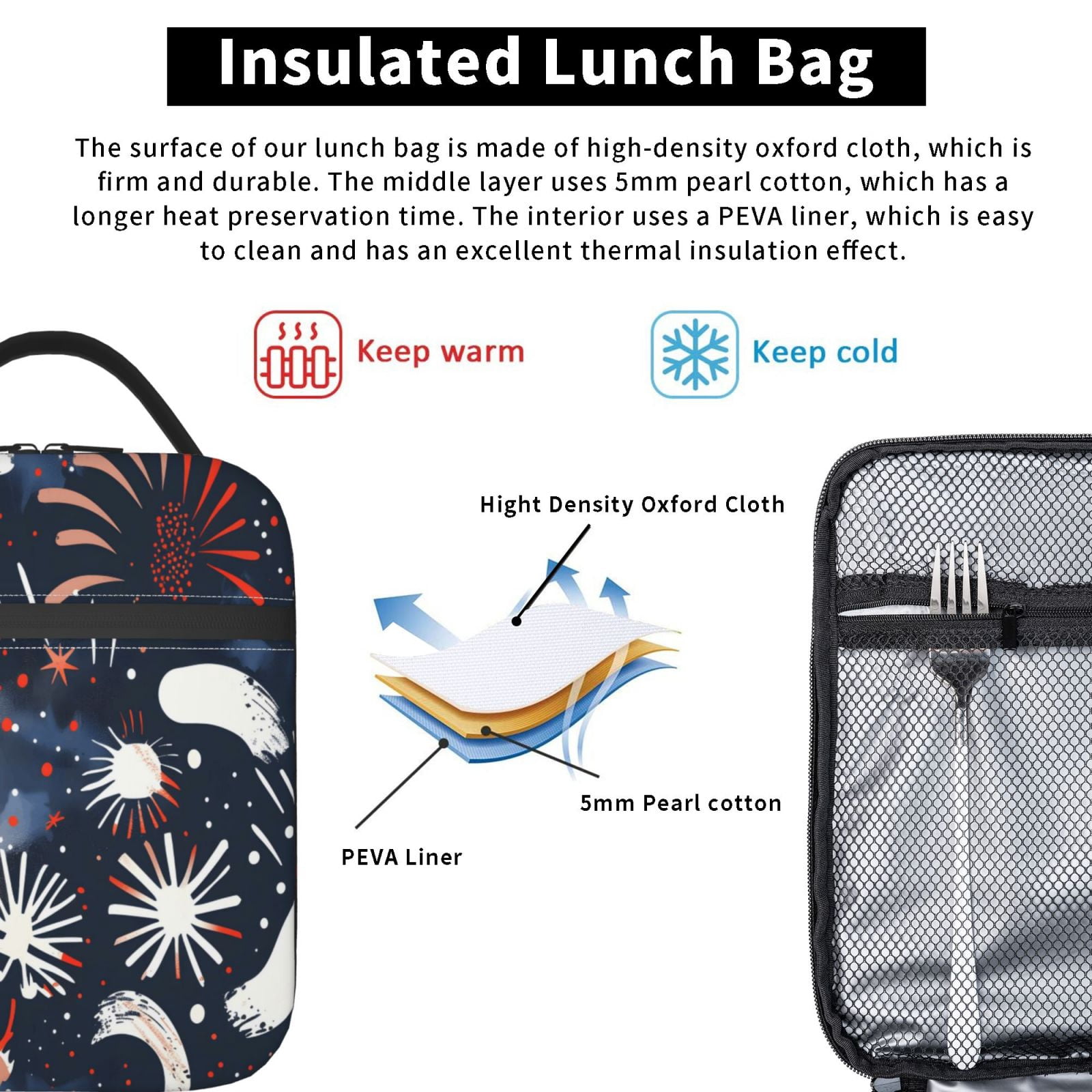 Lunch Bag For Women Men Insulated Portable Lunch Box Bento Box Office Picnic Travel Cooler Bag Independence Day Theme Star (3)