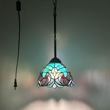 Tiffany Mini Hanging Lights Plug In Green Brown Stained Glass LED Bulb Included 8”W*8”D*60”H