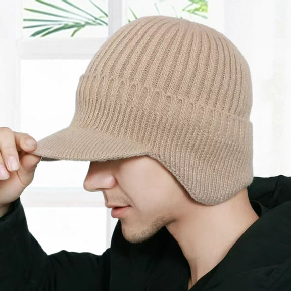 harmtty Fashion Men Winter Knitted Peaked Hat with Earmuffs Windproof Warm Earflap Hat Outdoor Cycling Baseball Hat Knitted Newsboy Hat with Visor Light Khaki