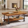 thumbnail image 3 of Tribesigns Solid Wood Coffee Table, 47" Rectangular Accent Center Table with 2-Tier Live Edge Shelf & Metal Legs for Living Room, Brown and Black, 3 of 7