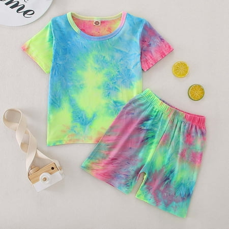 

BadyminCSL Toddler Kids Baby Girls Summer Tie-dye Short-sleeved Shorts Clothes Set
