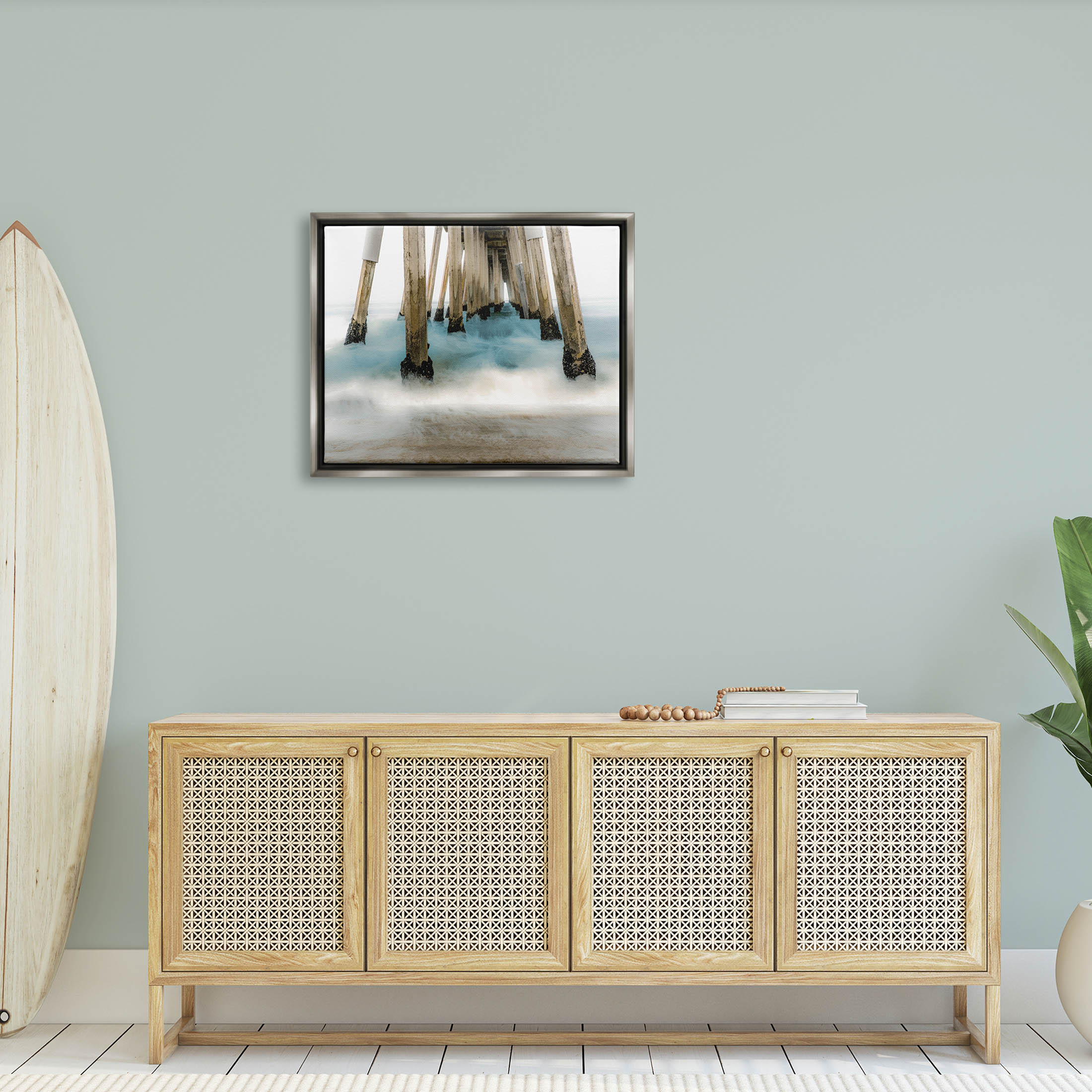 Waterfront Pier Splashing Sea Waves Coastal Graphic Art Luster Gray Framed Art Print Wall Art