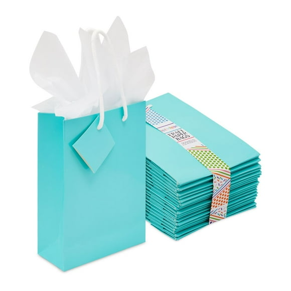 Paper Gift Bag - 20-Pack Small Party Favor Bags, Mini Paper Bags, Tissue Paper Included, Glossy Finish Teal Color, 4.75 x 6.75 x 2.5 inches