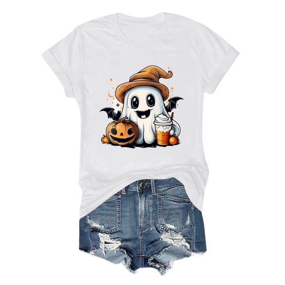 Mifsaly Womens Halloween Graphic T-Shirts Cute Ghost Family Witch Hat Pumpkin Print Crewneck Short Sleeve Tops Comfortable Loose Party Casual Fall Cotton Shirts White,L