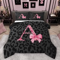 Homewish Fashion Leopard Print Full Size Comforter Sets for Women, Princess Ribbon Bowknot Bedding Comforter Set, Black Pink Cartoon Reversible Bedding Sets, Microfiber Bedroom Decor, 3 Pieces