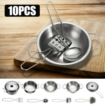 10pcs Stainless steel Cookware Kitchen Cooking Set Pots & Pans Toy For Children Play House , Mini Simulation Kitchen