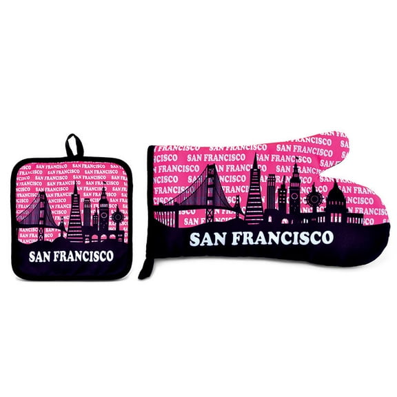 CoTa Global Pot Holder & Oven Mitt "San Francisco" Set Kitchen Accessory Heat Resistant Non-Slip Grip Cooking Glove Machine Washable Baking Grilling BBQ Decorative Novelty Polyester Mitten Pink