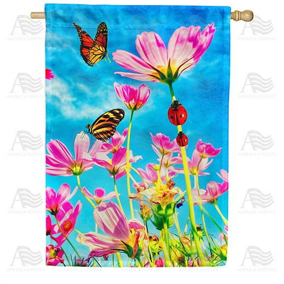 America Forever Spring is Here House Flag 28 x 40 inches Double Sided Colorful, Pink Flower, Butterflies, Ladybug - Seasonal Yard Lawn Outdoor Decorative Summertime House Flag