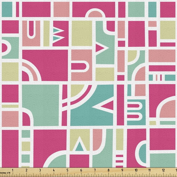 Colorful Fabric by the Yard Upholstery, Geometric Contemporary Quirky Shapes in Creative Tones Repetition, Decorative Fabric for DIY and Home Accents, Coral Magenta and Turquoise by Ambesonne