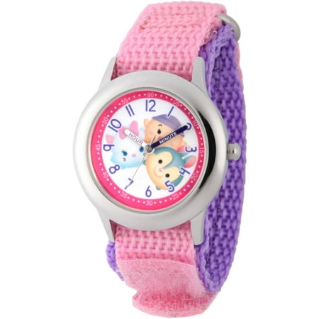 Disney Tsum Tsum Daisy Duck, Marie and Dopey Girls' Stainless Steel Time Teacher Watch, Pink Hook-and-Loop Nylon Strap with Purple Back