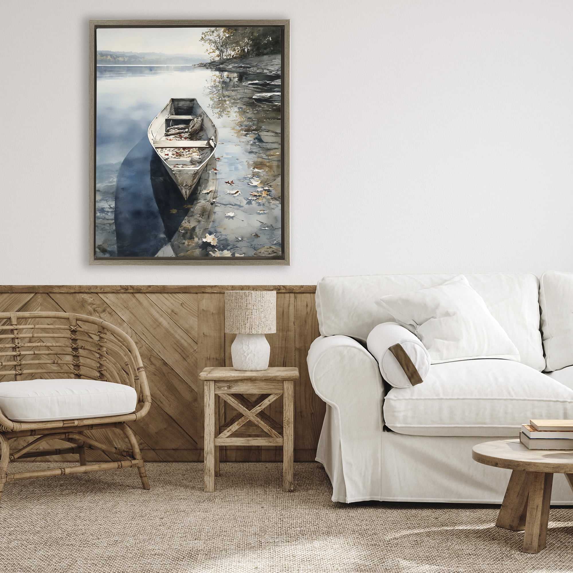 Stupell Industries Boat In The Fall Reflection Brown Framed Floater Canvas Wall Art, design by Franklyn Gregory