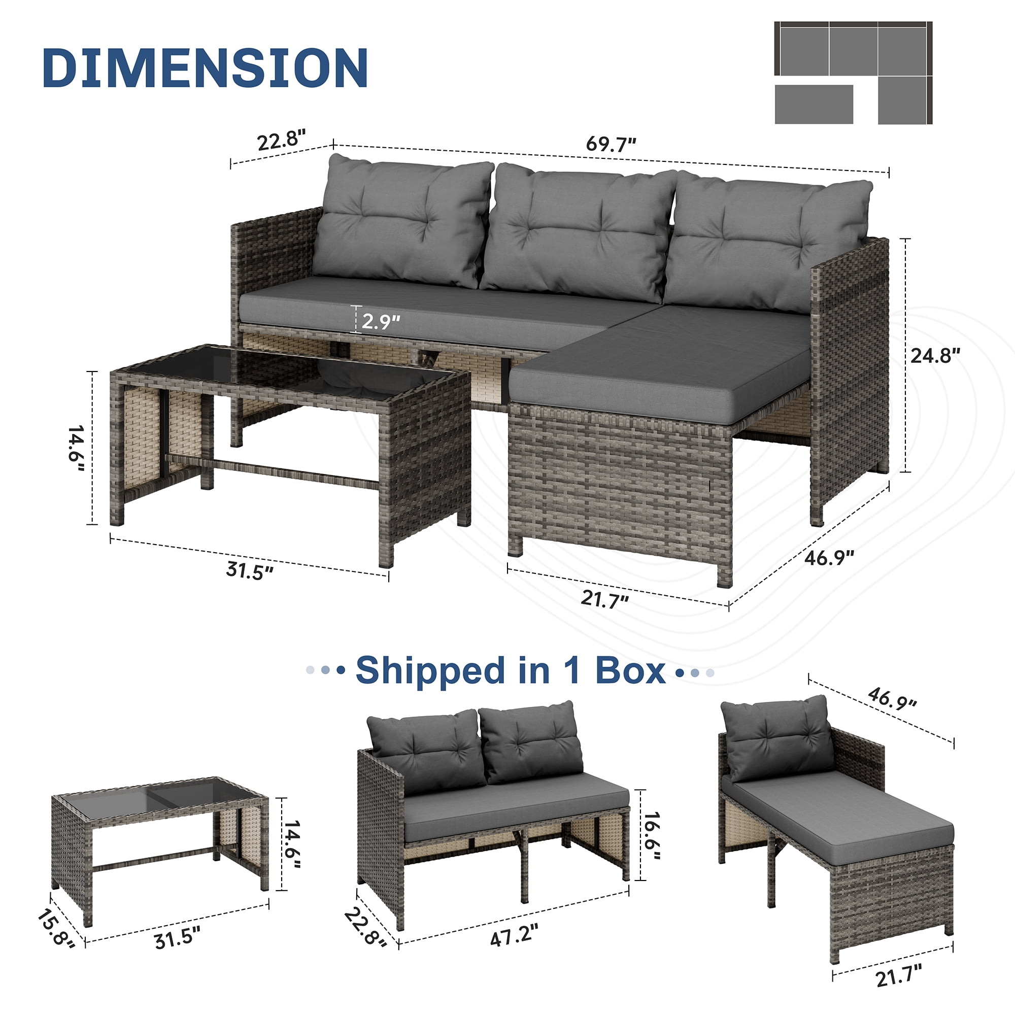 Walsunny 3-Piece Patio Sectional Sofa Set, Durable All-Weather Woven Wicker Outdoor Furniture with Cushions & Glass Coffee Table | Modern Weather-Resistant Design for Garden, Deck, Backyard(Gray)