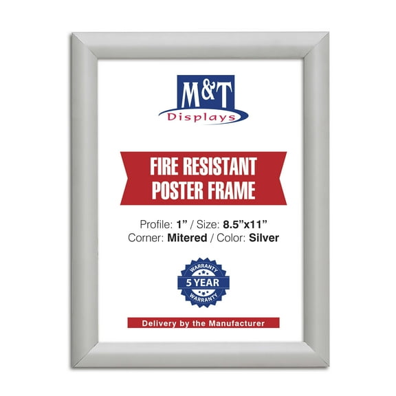 M&T Displays Fire Resistant Snap Poster Frame 8.5x11 Inch Silver 1" Aluminum Profile Front Loading Wall Mounting Photo Picture Document Certificate Sign Holder Mitered Corner Anti Glare Cover