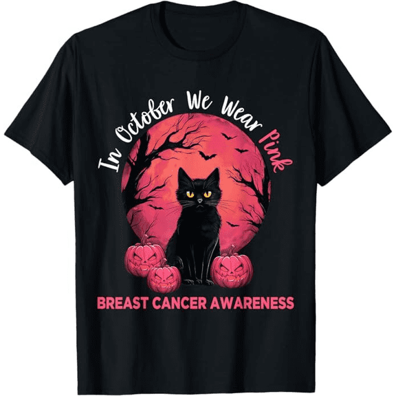 In October We Wear T shirt pink black cat print graphic T-shirt, anti breast cancer Halloween T-shirt for men and women