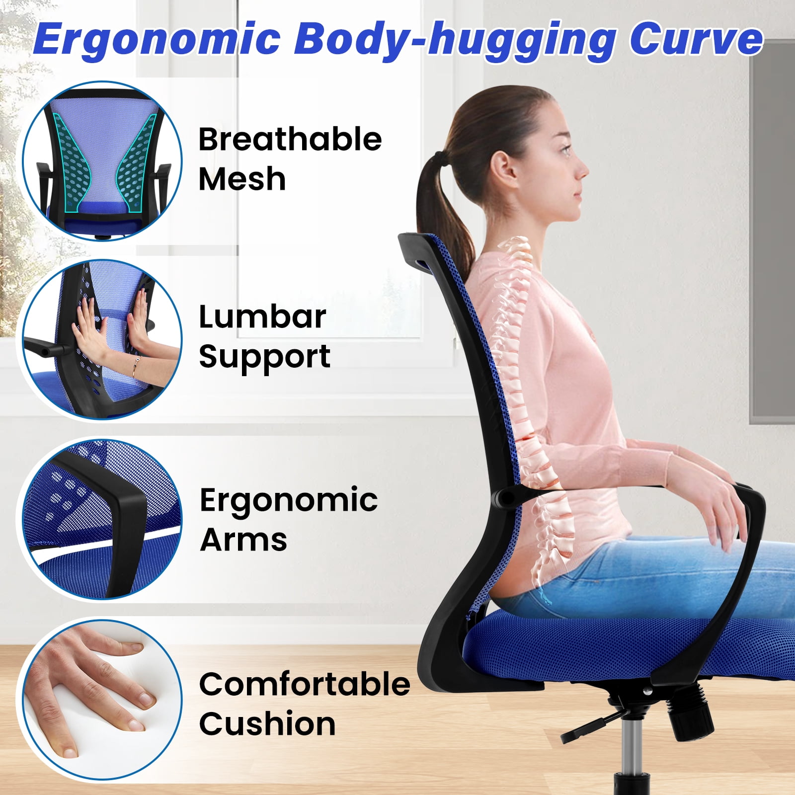 Dkelincs Office Desk Chair Adjustable Mesh Mid Back Office Chair Ergonomic Computer Chair with Lumbar Support & Wheels, Blue