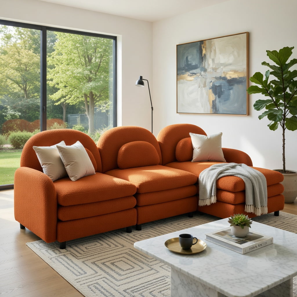 Hommoo Teddy Fleece 3-Seat Modular Sectional Sofa with Curved Backrest, Movable Ottoman & Cloud-Like Double-Layer Cushions, Orange