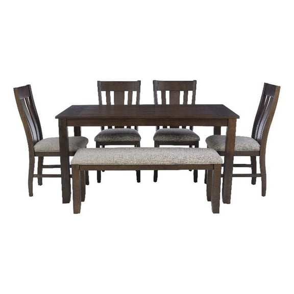 Linon Liz Rustic Wood 6 Piece Upholstered Dining Set 4 Chairs & Bench in Brown