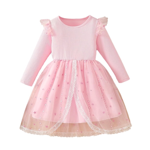 Vestido de cuello redondo y manga larga para niñas Vestido de cuello redondo y manga larga para niñas Falda de malla elegante Vestido de princesa elegante para niñas pequeñas Vestido de poliéster para
