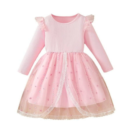 Gytharion Kids Flower Girl Dresses 3-10 Years Stylish Star Print Tulle Tutu Dress Toddler Girls Flowy A-Line Swing Party Dress Cute Long Sleeve Princess Dress with Flutter Sleeves