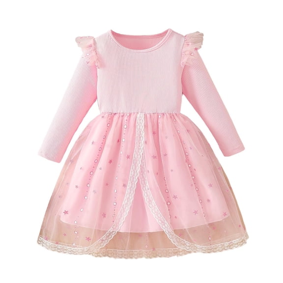 Girls Pink Princess Dress Long Sleeve Tulle Party Dress for Birthday Holiday Girls Sizes 3-10 Years,Size 3-4 T