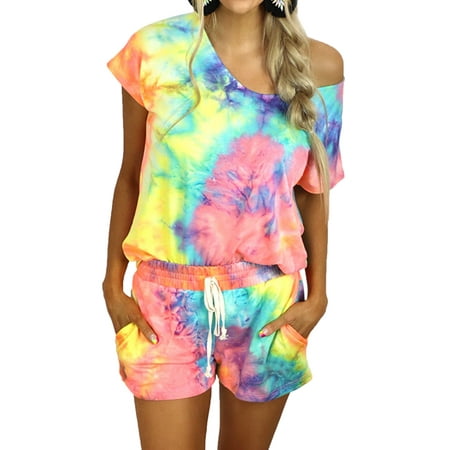 

HUBERY Women Crew Neck Short Sleeve Tie-Dye Printed Tie Waist Sleepwear Set