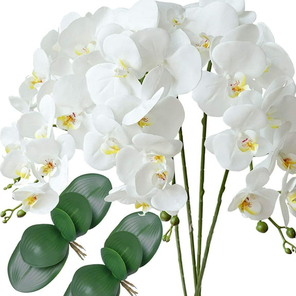 3 inch Artificial Phalaenopsis Flowers with Leaves Artificial Orchid Flowers Stem Plants for Home Indoor Décor