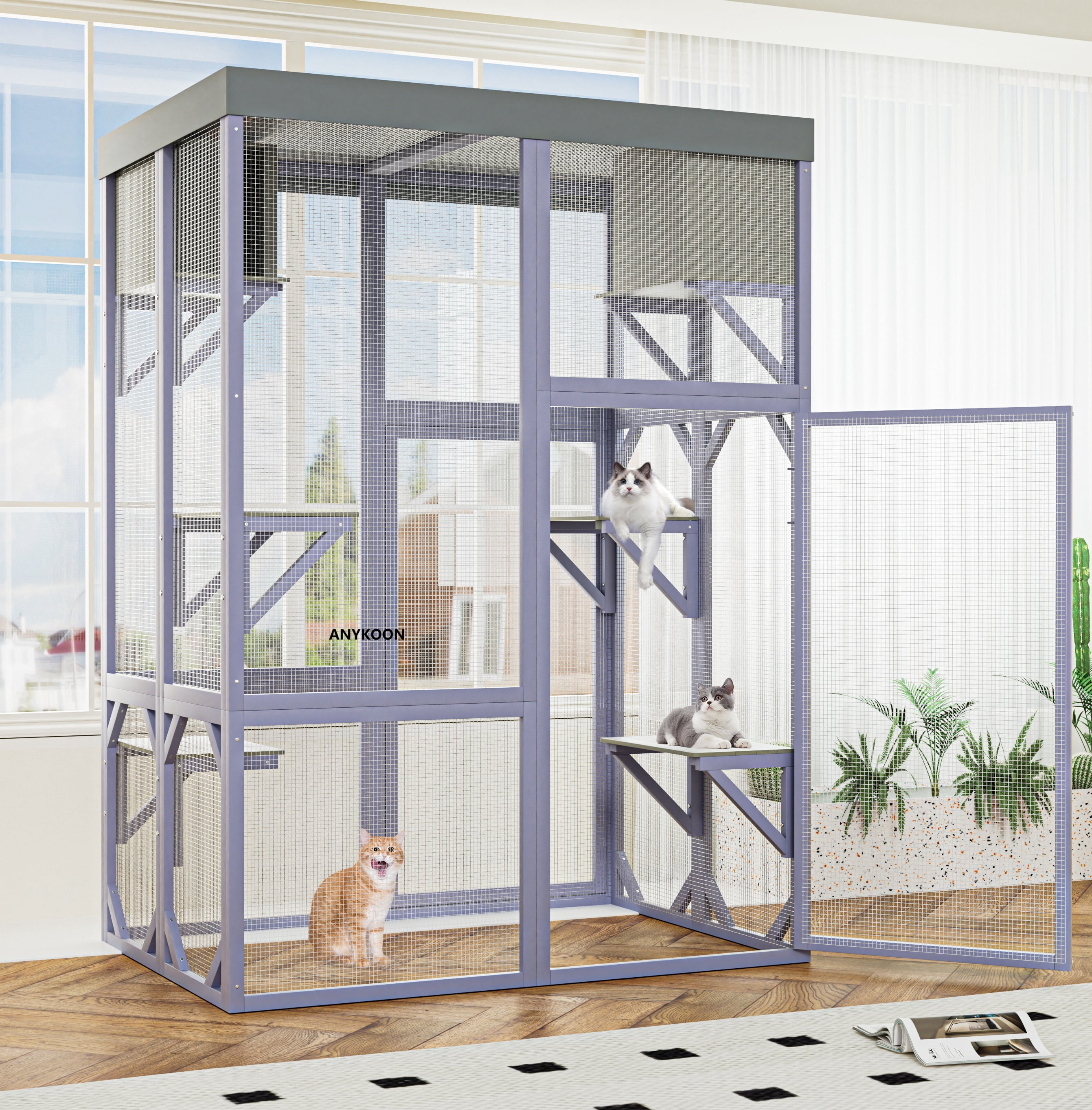 ANYKOON Large Outdoor Cat Enclosure Wooden Catio with 2 Houses & 4 Platforms, Safe Lockable Indoor/Outdoor Cat Cage for Play & Rest