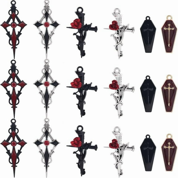 1 Box 24Pcs 6 Styles Flower Crucifix Charm Red Cross Charms Bulk Metal Brass Enamel Rhinestone Gothic Halloween Black Rose Crosses Charm for Jewelry Making Charms Necklace Earrings DIY Craft