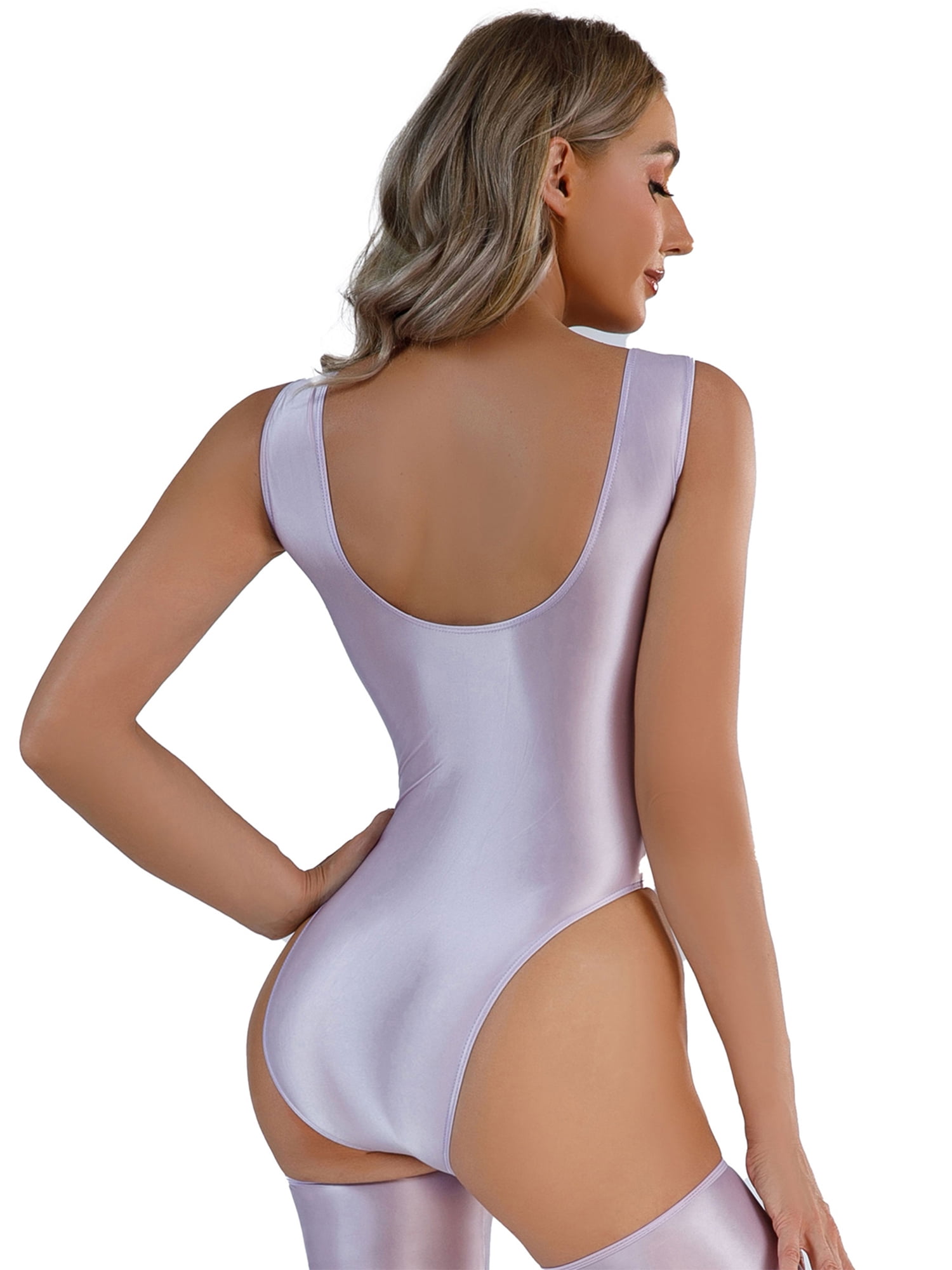iiniim Women's Stretchy Glossy High Cut Bodysuit Tight Oil Shiny Thong  Leotard One Piece Swimsuit 