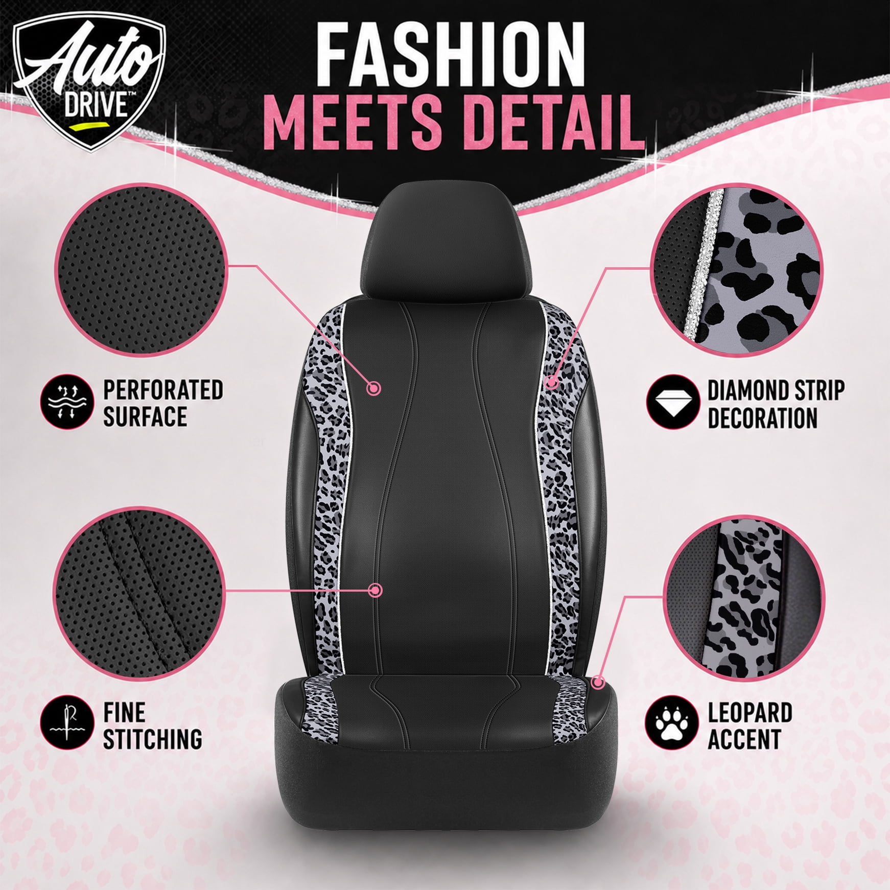 Auto Drive Car Seat Covers , Fashion Seat Covers,Leopard Print & Rhinestone Trim Front Seat Covers, Universal Fit, Airbag Compatible for Cars, SUVs and Trucks,Black