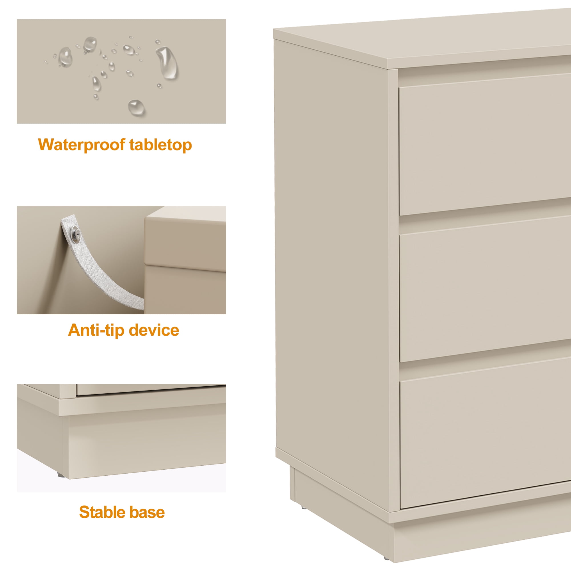 May in Color Wide Nightstand with 3 Drawers Set of 2, Nightstand for Bedroom, Large End Table Bedside Table for Home and Office, Beige