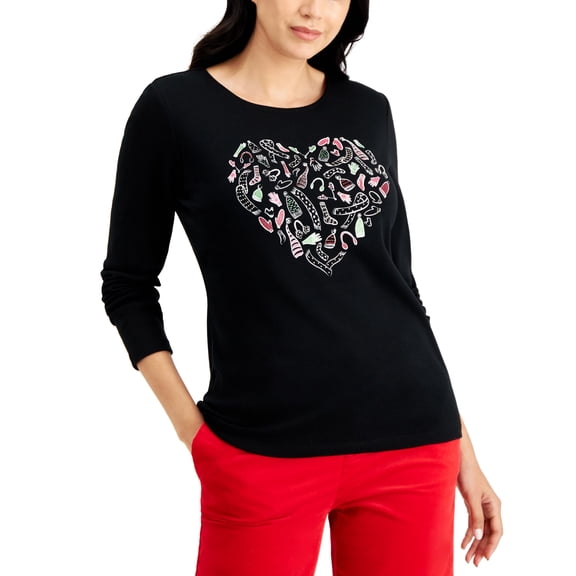 Karen Scott Petite Cotton Love Knit Graphic Print Top Deep Black PXL