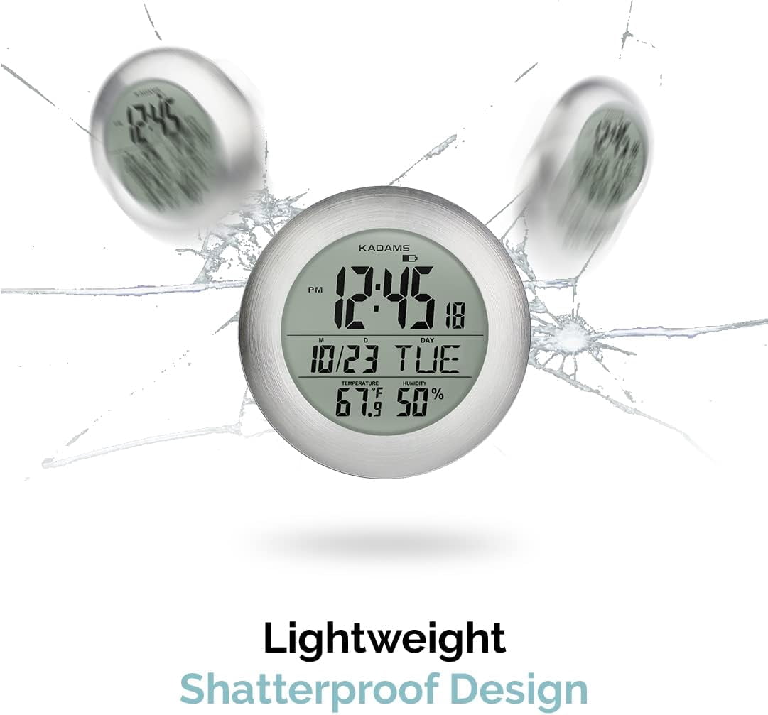 KADAMS Silver Waterproof Digital Timer Clock with Smart Alarm, Hygrometer, Temperature Display, Suction Cup, for Home Kitchen or Bathroom