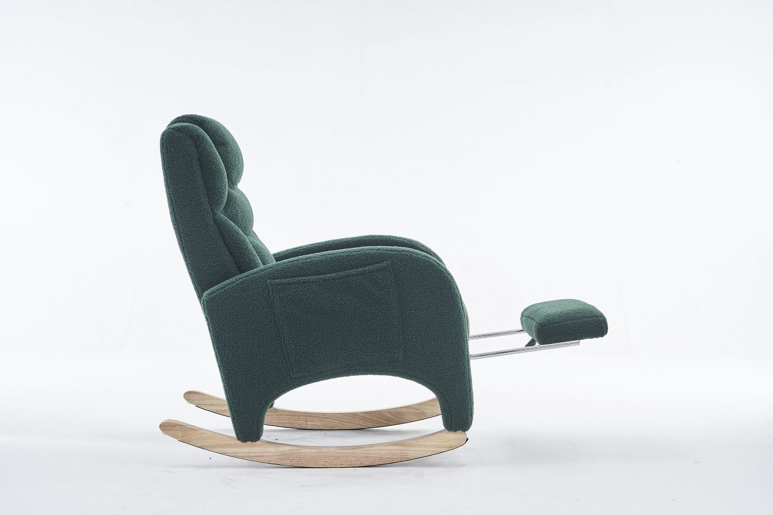 Nursery Rocking Chair with Two Side Pockets & Adjustable Footrest, Teddy Fabric Rocker with High Backrest, Modern Rocking Accent Chair for Living Room, Bedroom, Green