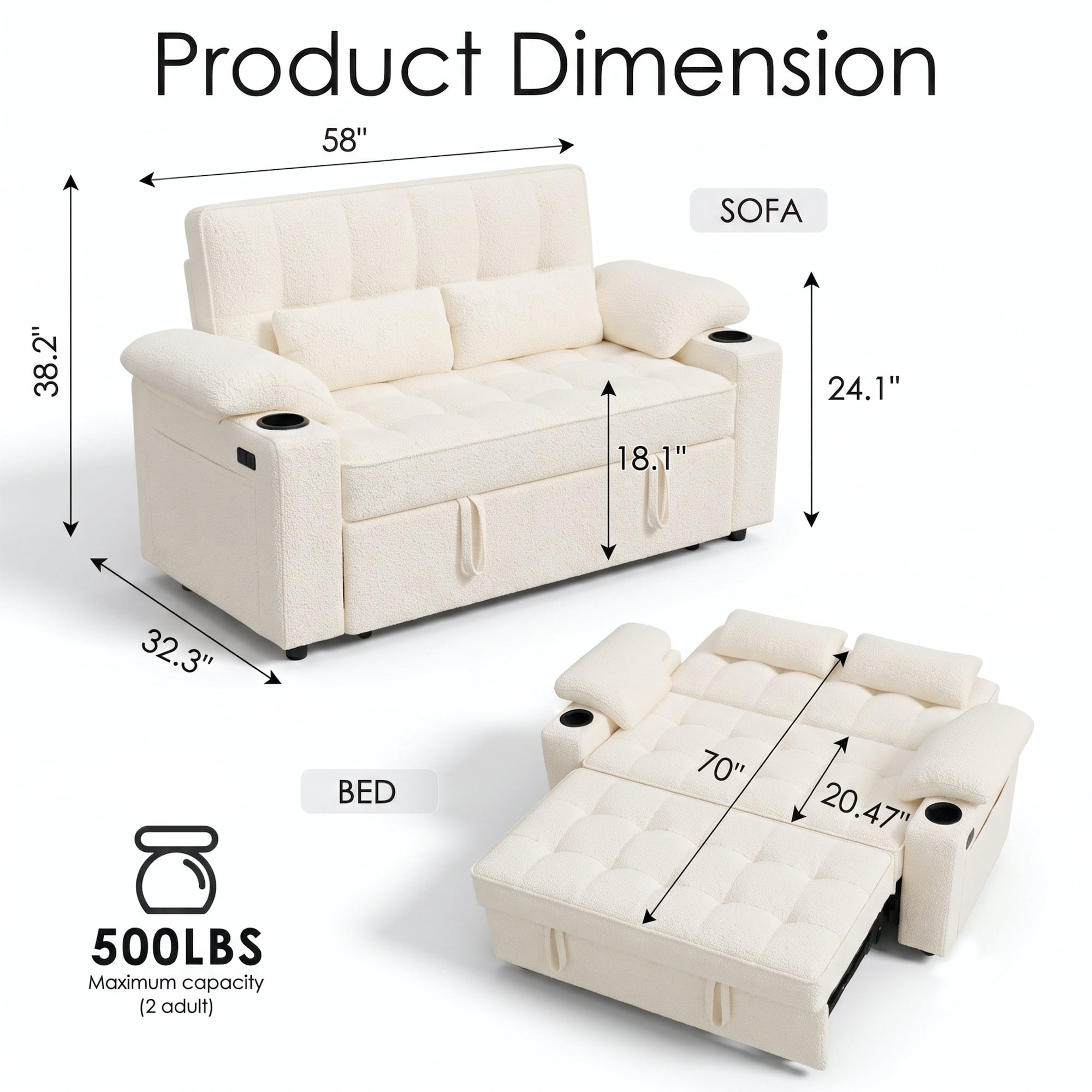58" Sleeper Sofa Bed, Full Size Pull Out Couch, Towel Fabric Convertible Loveseat with USB Charging, Cup Holders, Adjustable Backrest & Side Pockets for Living Room, Apartment, Office (Beige)