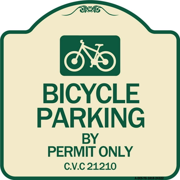 SignMission Designer Series Sign - Bicycle Parking by Permit Only C.V.S. 21210 (With Bicycle Graphic) | Tan & Green 18" X 18" Heavy-Gauge Aluminum Architectural Sign | Made in the USA