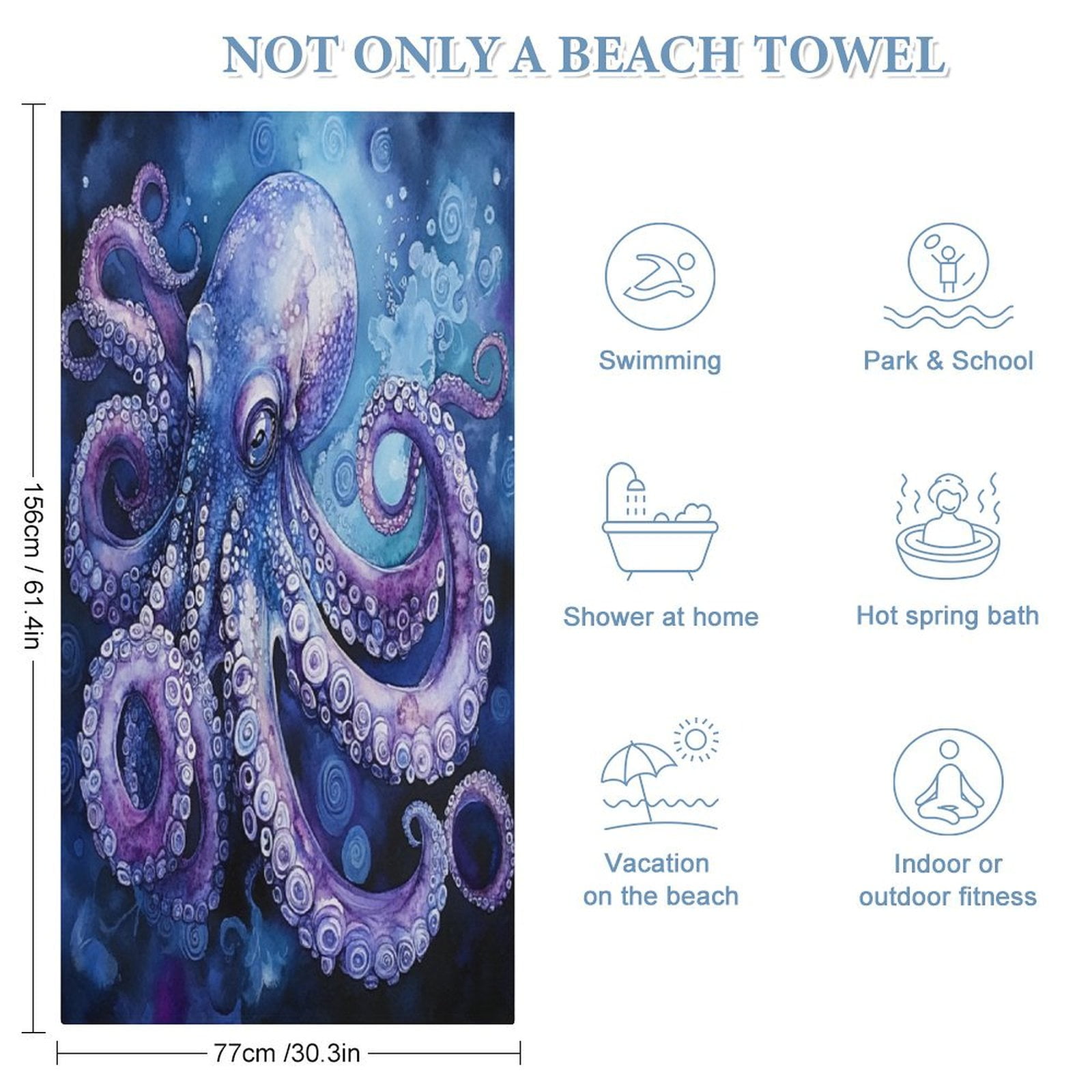 MaSiledy Beach Towels Watercolor Octopus Nautical Coastal Personalized Beach Towels Microfiber Absorbent Quick Dry Octopus Decor Microfiber Sand Free for Kids Adults 30x60 inch