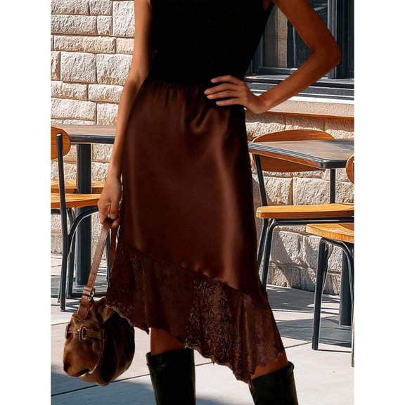 Dark Brown Satin Lace Midi Skirt Asymmetrical Hem Loose Fit Elegant Solid Color For Party Work Daily Wear