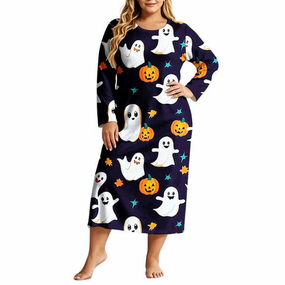 Nowekniz Women's Halloween Printed Casual Plus Size Long Sleeved Loose Nightgown