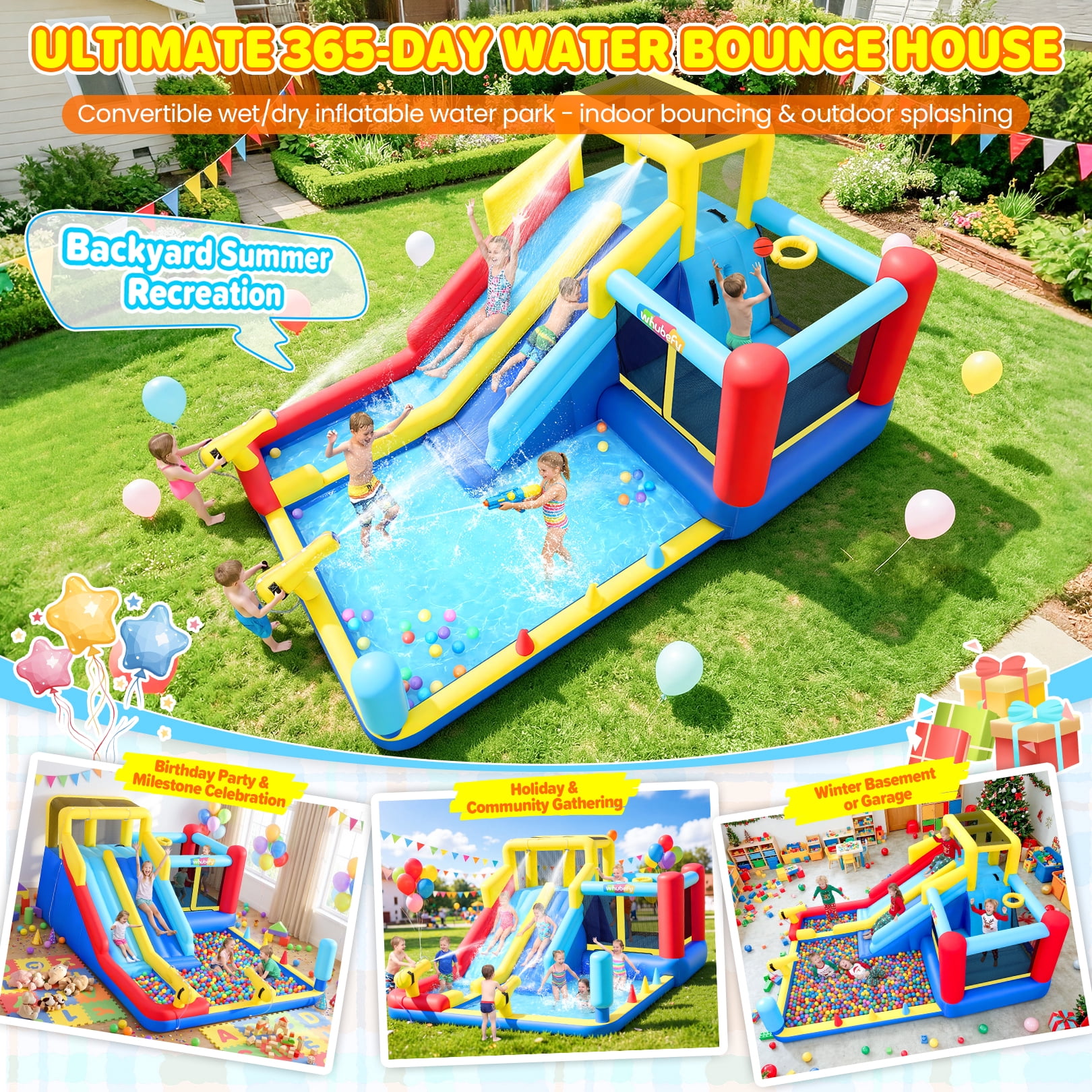 Qhomic Inflatable Water Slide with Blower, 10-in-1 Bounce House with 2 Slides, Jumping Zone, Climbing Wall, Ball Pit and 2 Water Cannons, Water Park for Kids Backyard