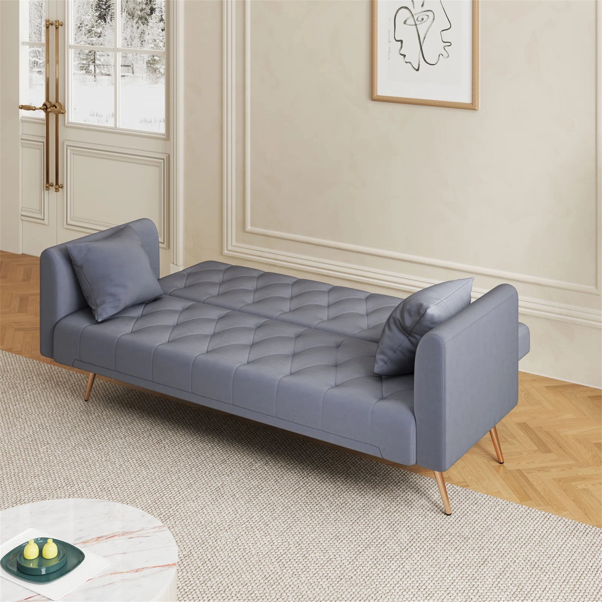 Aukfa Velvet Futon Convertible Sofa Bed, Upholstered Arm Couch for Home Office, 2 Pillows, Gray