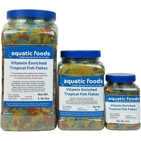 Aquatic Foods Inc. Premium Vitamin Enriched Tropical Fish Flakes, Vitamin Pack, Krill, Color Enhancing, Spirulina Flakes for All Tropical Fish also Pellet Mix, Wafer Mix Included…2oz