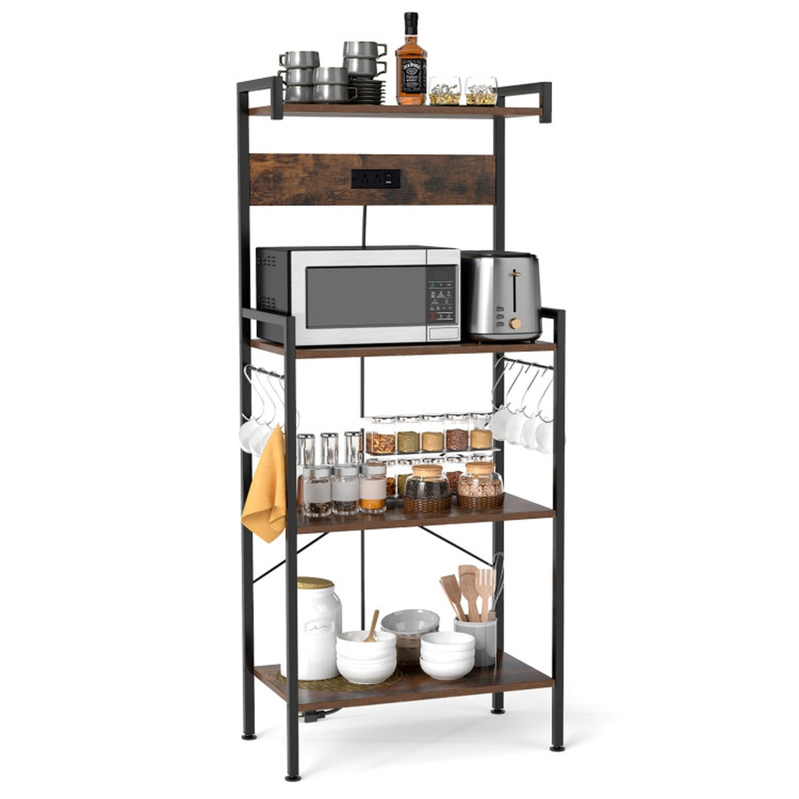 RUIE 4-Tier Kitchen Baker's Rack with Power Outlet and 8 S-Hooks, Industrial Coffee Bar Storage Shelf with ETL Charging Station, Rustic Brown