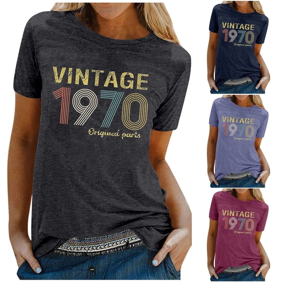 Trendfront Womens Vintage 1970 T Shirts Letter Graphic V Neck Casual Short Sleeve Loose Fit Tops Trendy Fashion Tee Pullover Daily Wear